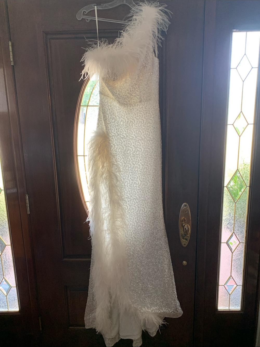 Alyce Paris White One-Shoulder Feather-Trim Prom Dress